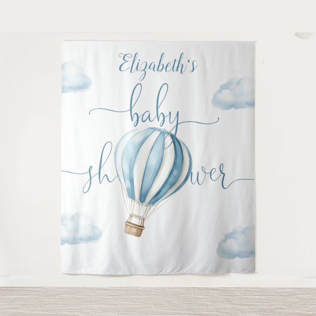 Blue Balloon Boy Baby Shower Photo Backdrop Tapestry (Front)