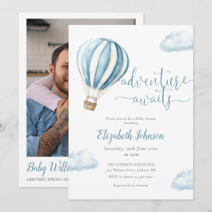 Blue Balloon Boy QR Code Photo Baby Shower Invitation