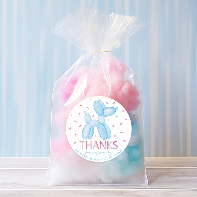 Blue Balloon Dog Party Favour Sticker (pastel 1st birthday balloon animal sticker)