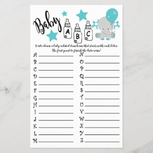 BLUE BALLOON ELEPHANT ABC BABY SHOWER GAME CARD