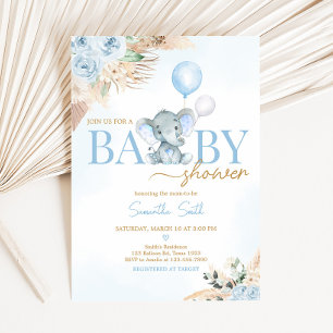 Blue Balloon Elephant Baby Shower Invitation