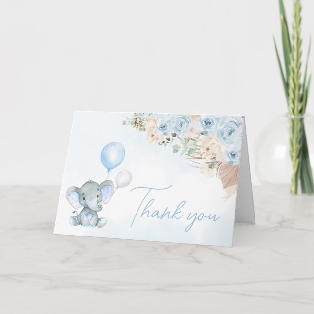 Blue Balloon Elephant Baby Shower Thank You Card (Front)