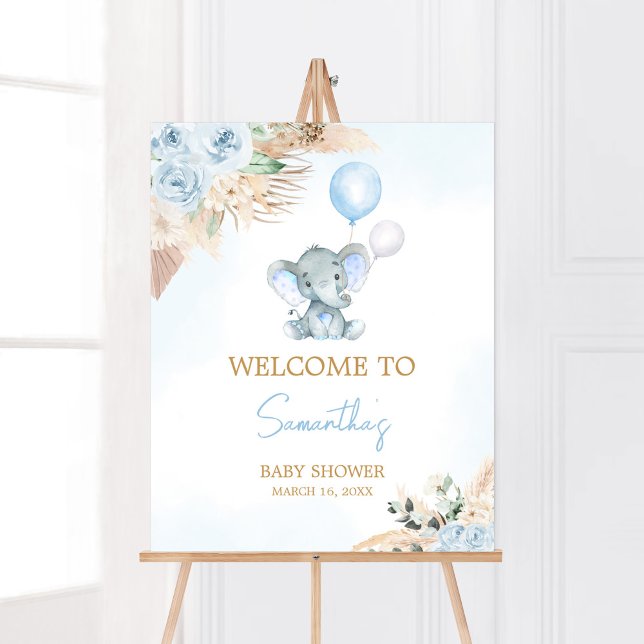 Blue Balloon Elephant Baby Shower Welcome Poster (Blue Floral Pampas Grass Elephant Baby Shower Welcome Sign)