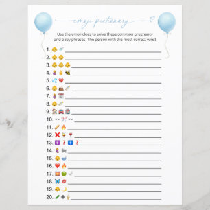 Blue Balloon Emoji Pictionary Baby Shower Game