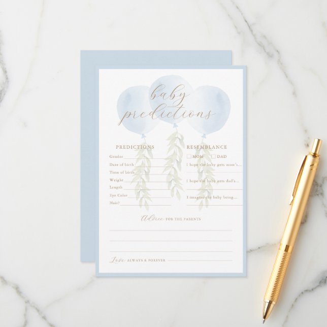 Blue Balloon Eucalyptus Baby Predictions Game Card (Front/Back In Situ)