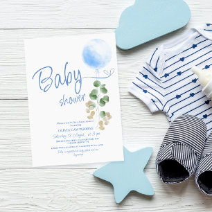  Blue Balloon Eucalyptus Baby Shower  Invitation