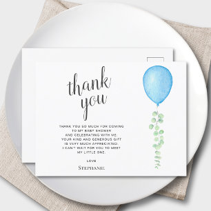 Blue Balloon Eucalyptus  Baby Shower Thank You Postcard