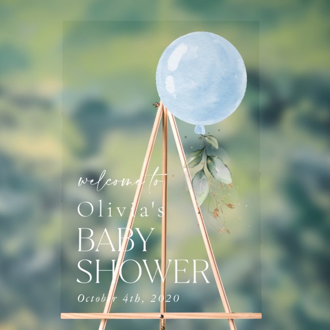 Blue Balloon, Eucalyptus, Baby Shower Welcome Acrylic Sign (Neutral)