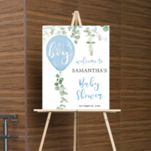Blue balloon eucalyptus baby shower welcome sign