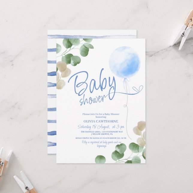 Blue Balloon Eucalyptus Boy Baby Shower  Invitation (Front/Back In Situ)