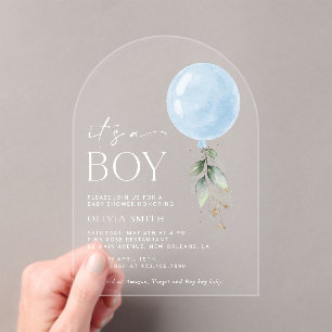 Blue Balloon, Eucalyptus, Greenery, Baby Shower Acrylic Invitations