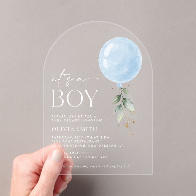 Blue Balloon, Eucalyptus, Greenery, Baby Shower Acrylic Invitations (Insitu (Handheld))