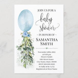Blue Balloon Eucalyptus greenery baby shower Invitation