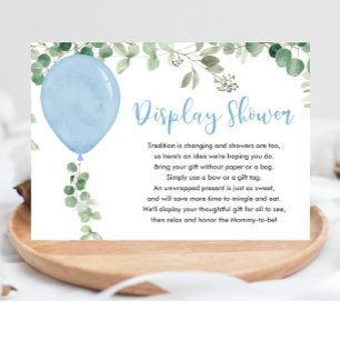 Blue balloon eucalyptus greenery display shower enclosure card