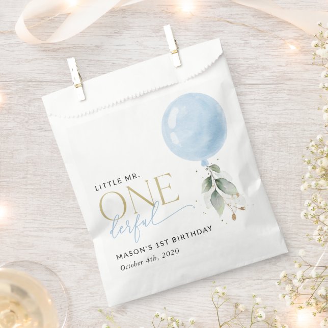 Blue Balloon, Eucalyptus, Greenery, First Birthday Favour Bag (Clipped)