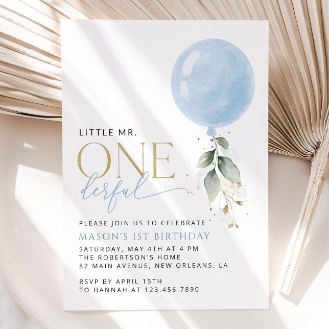 Blue Balloon, Eucalyptus, Greenery, First Birthday Invitation (Creator Uploaded)
