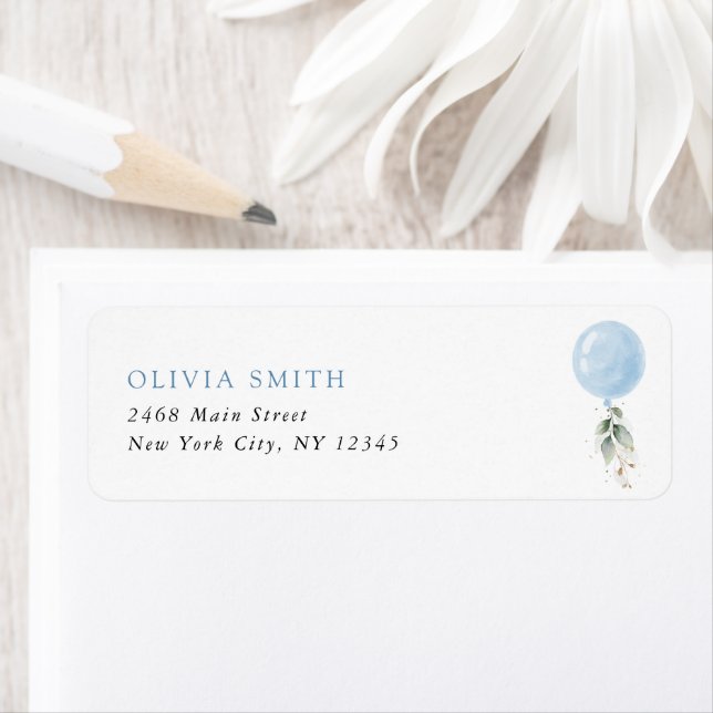 Blue Balloon, Eucalyptus, Greenery, First Birthday Return Address Label (Insitu)