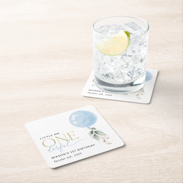 Blue Balloon, Eucalyptus, Greenery, First Birthday Square Paper Coaster (Insitu)