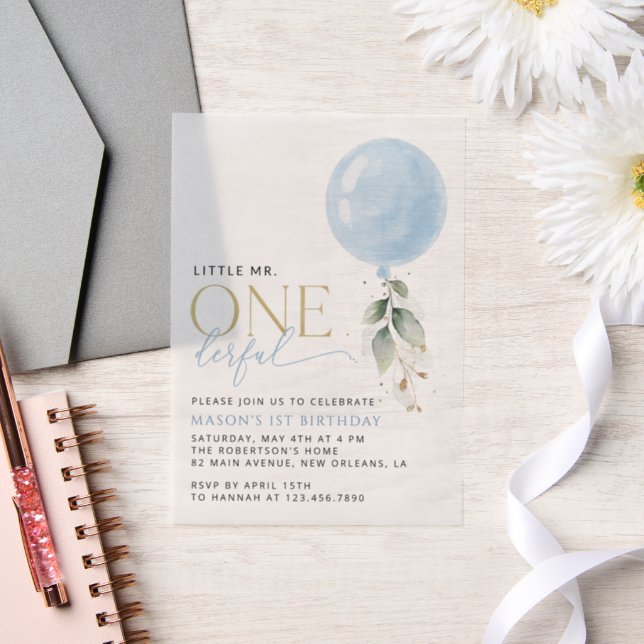 Blue Balloon, Eucalyptus, Greenery, First Birthday Vellum Invitations (Wedding)