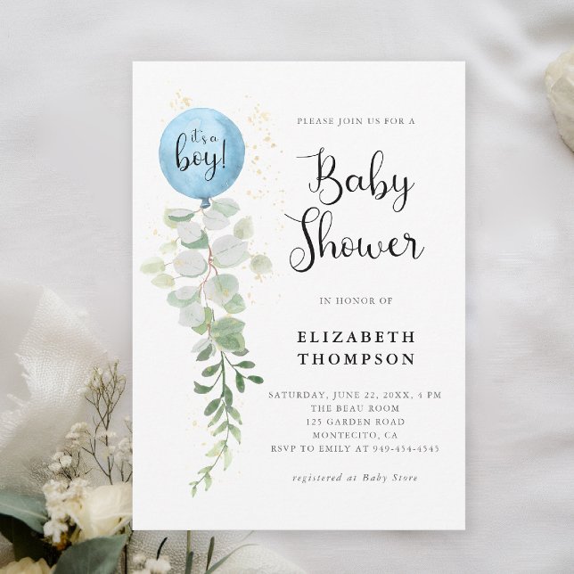 Blue Balloon Eucalyptus It's a Boy Baby Shower Invitation (boy baby shower invitation blue balloon eucalyptus greenery watercolor modern calligraphy botanical)