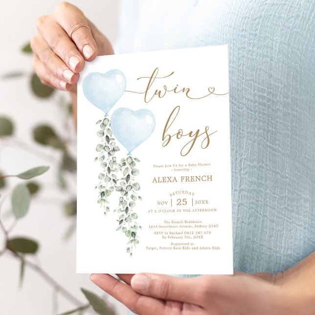Blue Balloon Eucalyptus Sweetheart Twin Boys Invitation (Creator Uploaded)