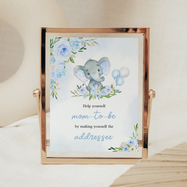 Blue Balloon Floral Elephant Envelope Station Poster (Boy Elephant Balloon Baby Shower Envelope Station Sign)