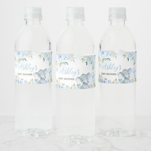 Blue Balloon Floral Elephant  Water Bottle Label (Bottles)