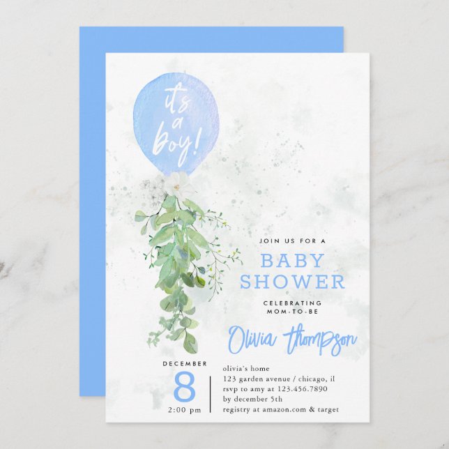 Blue Balloon Foliage Flowers Boy Baby Shower Invitation (Front/Back)