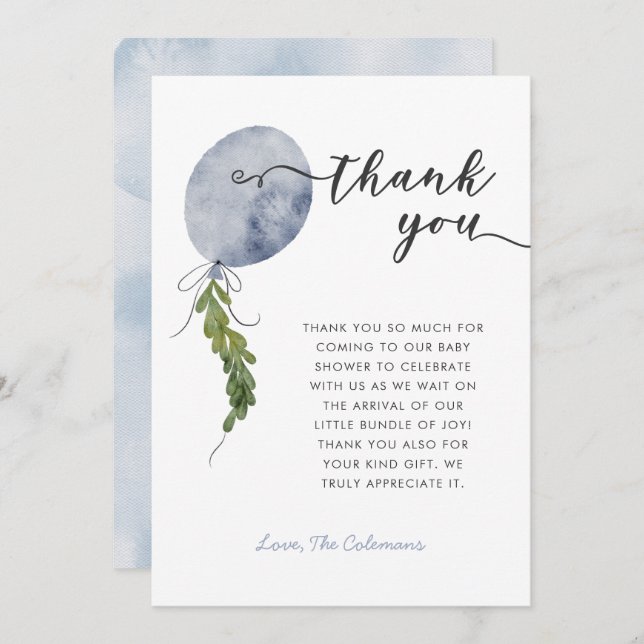 Blue Balloon Garland Baby Shower Thank You Card (Front/Back)