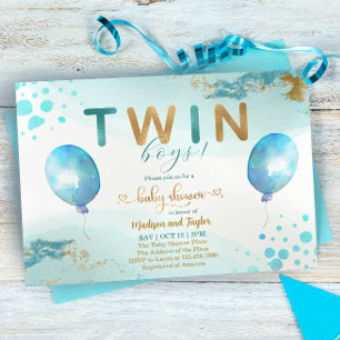 Blue Balloon Gold Twin Boy Baby Shower Invitation
