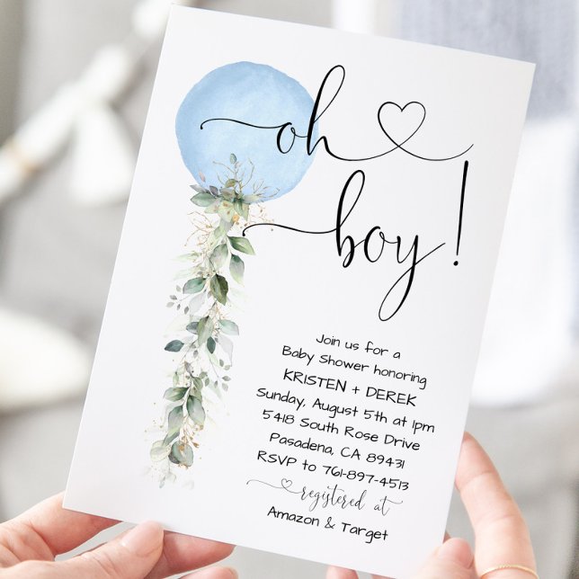 Blue Balloon Greenery Baby Shower Invitation (Creator Uploaded)