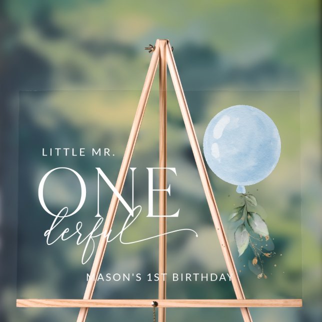 Blue Balloon, Greenery, First Birthday Welcome Acrylic Sign (Neutral)
