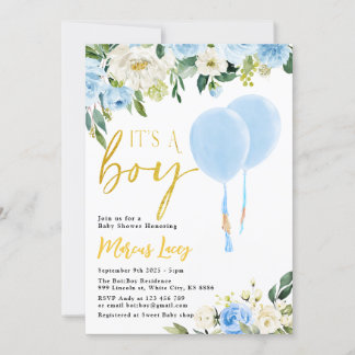 Blue Balloon Greenery "It's A Boy" Baby Shower Invitation