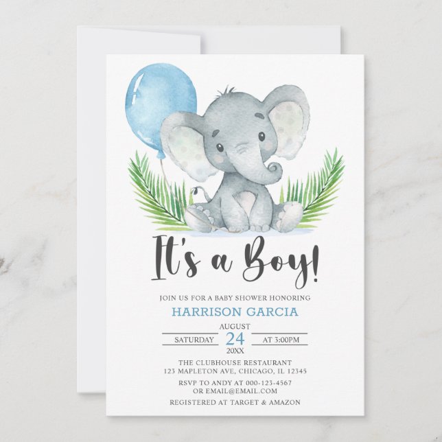 Blue Balloon It's A Boy Cute Elephant Baby Shower  Invitation (Front)