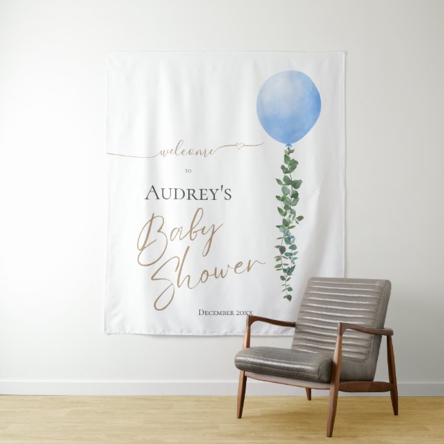 Blue Balloon Oh Boy Baby Shower Welcome Sign Tapestry (In Situ)