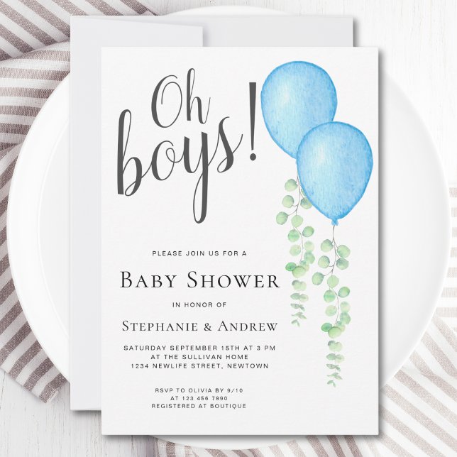 Blue Balloon Oh Boys Couple's Twins Baby Shower  Invitation (Creator Uploaded)