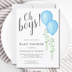 Blue Balloon Oh Boys Couple's Twins Baby Shower Invitation