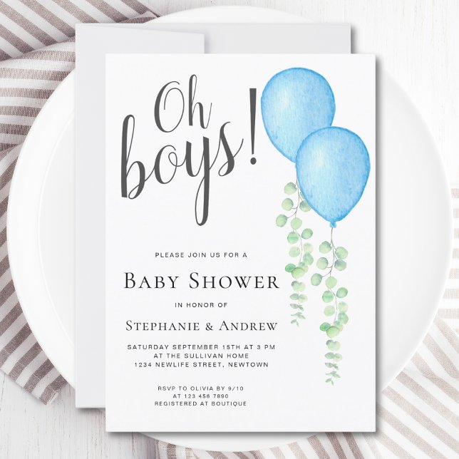 Blue Balloon Oh Boys Couple's Twins Baby Shower  Invitation (Creator Uploaded)