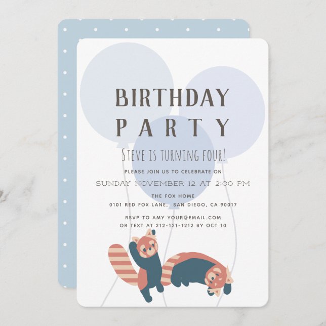 Blue Balloon & Red Panda Birthday Party Invitation (Front/Back)