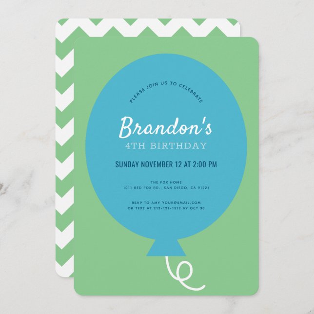 Blue Balloon Simple Green Boy Birthday Invitation (Front/Back)