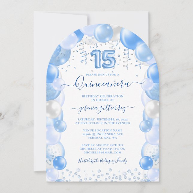 Blue Balloon Sparkle Quinceañera Invitation (Front)