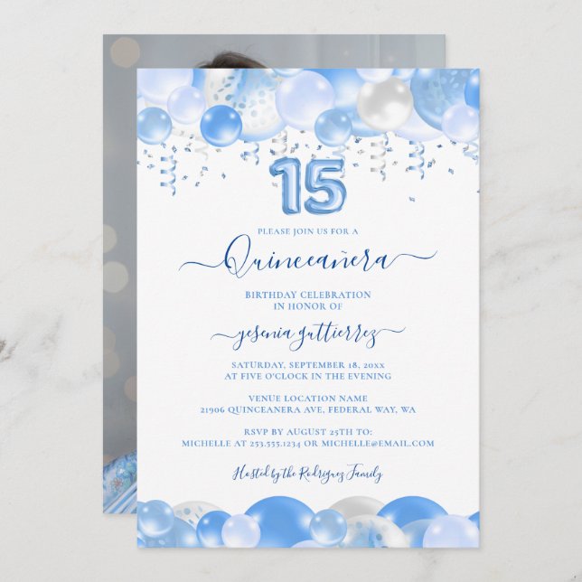 Blue Balloon Sparkle Quinceañera Photo Invitation (Front/Back)