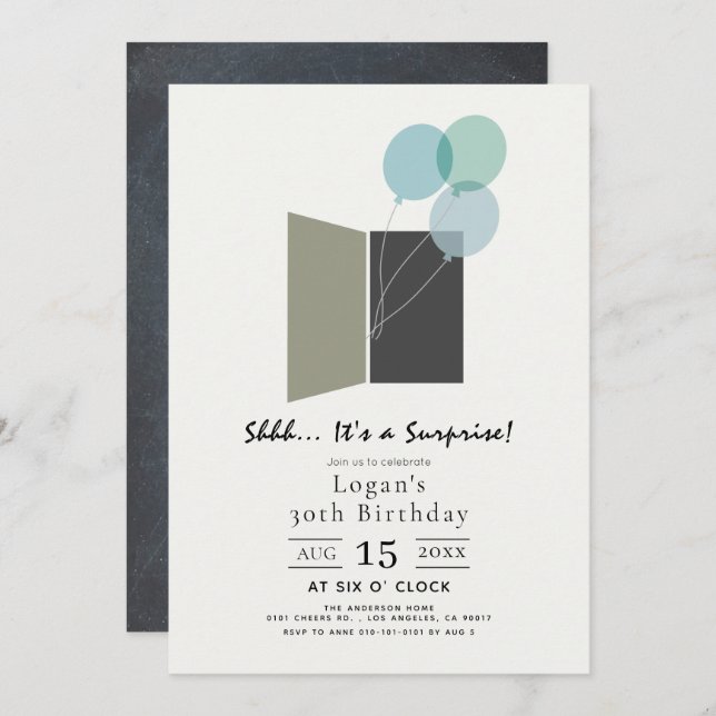 Blue Balloon Surprise Birthday Party Invitation (Front/Back)