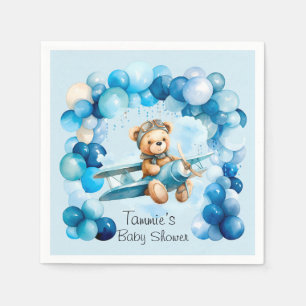 Blue Balloon Teddy Bear Aeroplane Boy Baby Shower Napkin