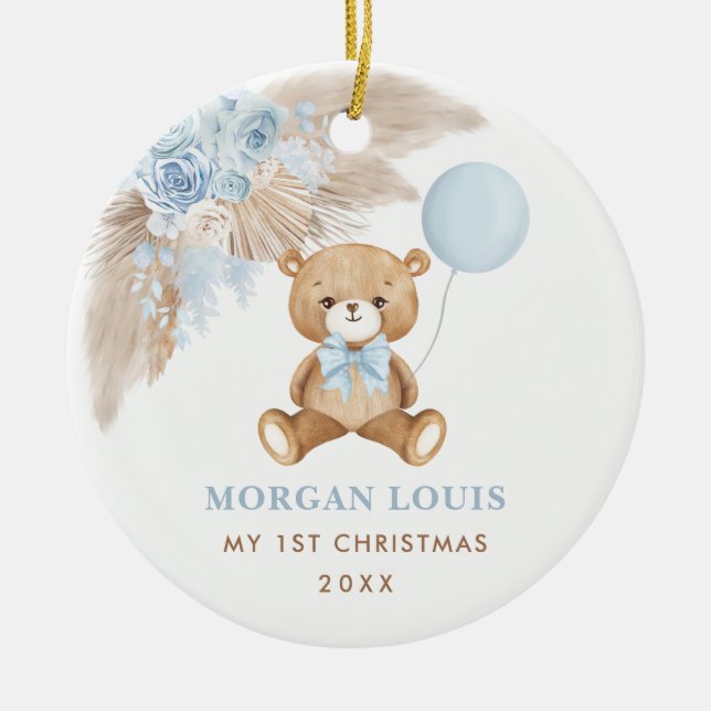 Blue Balloon Teddy Bear Baby First 1st Christmas Ceramic Ornament (Front)