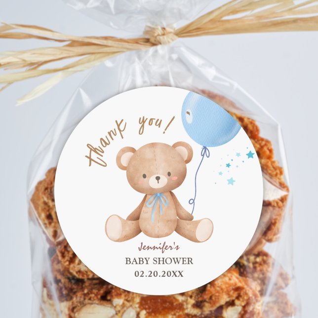 Blue Balloon Teddy Bear  | Boy Baby Shower  Classic Round Sticker (Creator Uploaded)