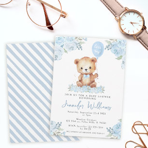 Blue balloon teddy bear its a boy baby shower invitation