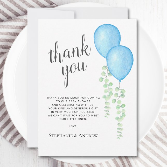 Blue Balloon Twins Baby Shower Thank You Card (Creator Uploaded)