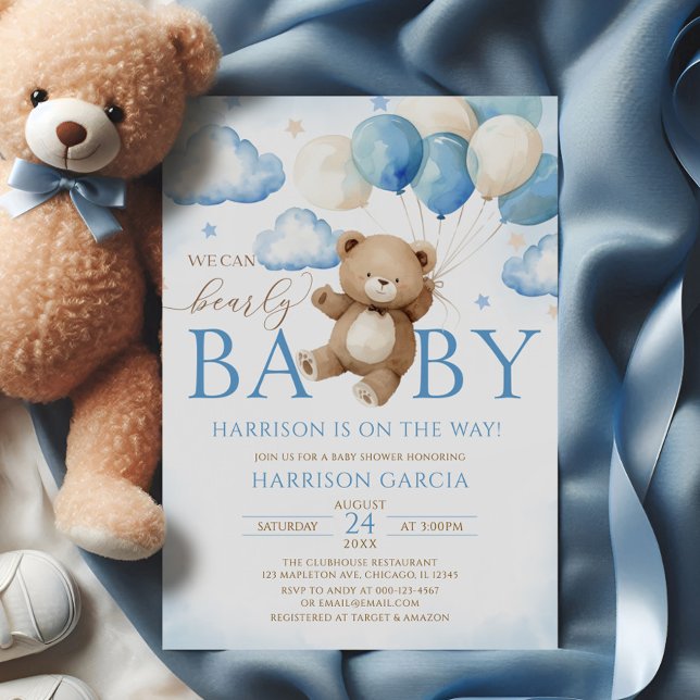 Blue Balloon We Can Bearly Wait Baby Shower Invitation (Creator Uploaded)