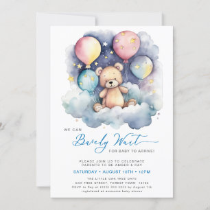 Blue Balloon We Can Bearly Wait Boy Baby Shower Invitation